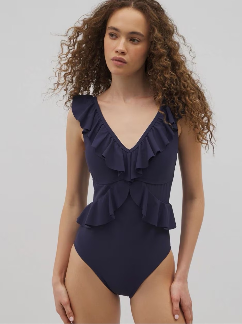 NWT Soma Beyond Control Solid Essentials Ruffle One-Piece Swimsuit Navy 14